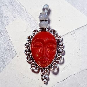 Carved Red Agate Face Rainbow Moonstone Sterling Silver Plated Pendant